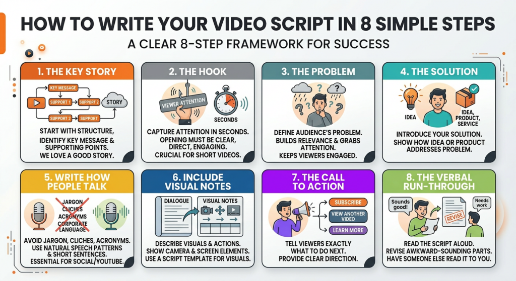infographic how to write a video script in 8 steps